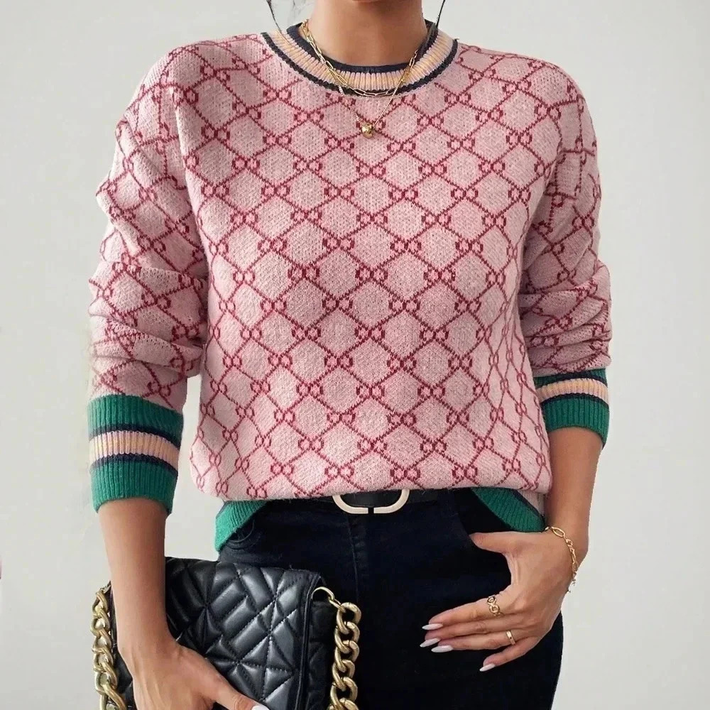 Allover Print Colorblock Crew Neck Long Sleeve Sweater - Picture 2 of 6